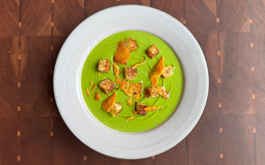 BROCCOLI SOUP W/ CHEDDAR CHIPS & BRIOCHE CROUTONS