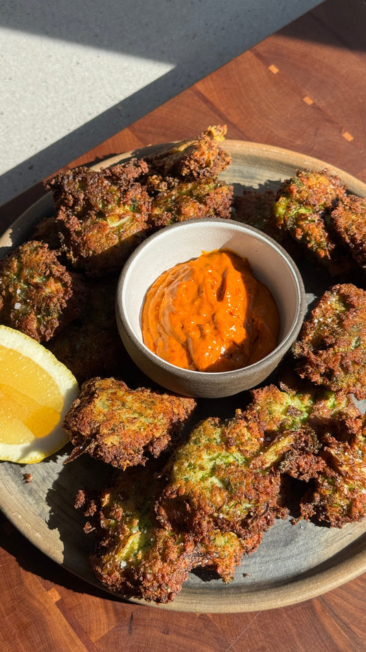 CRISPY BROCCOLI & CHEESE FRITTERS W/ HARISSA AIOLI