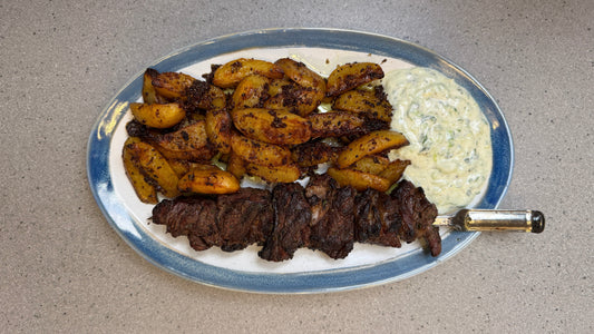 GRILLED PRIME RIB SKEWERS W/ GREEK LEMON POTATOES & TZATZIKI