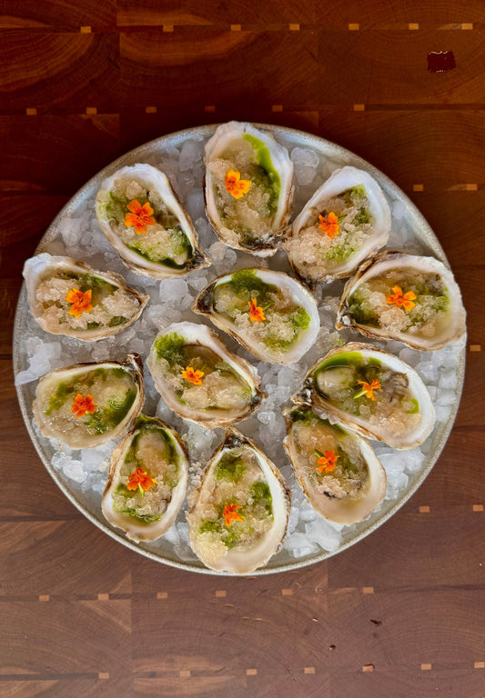 OYSTERS WITH TOMATO WATER GRANITA & BASIL OIL