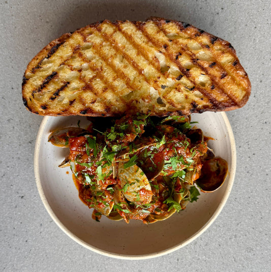 CLAMS WITH 'NDUJA & GRILLED SOURDOUGH