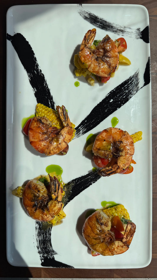 GRILLED PRAWNS WITH GRILLED CORN & TOMATO SALSA