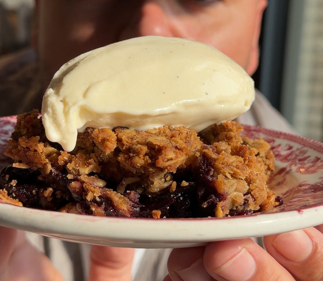 CHERRY CRUMBLE WITH MADAGASCAR VANILLA GELATO AND MAPLE SYRUP