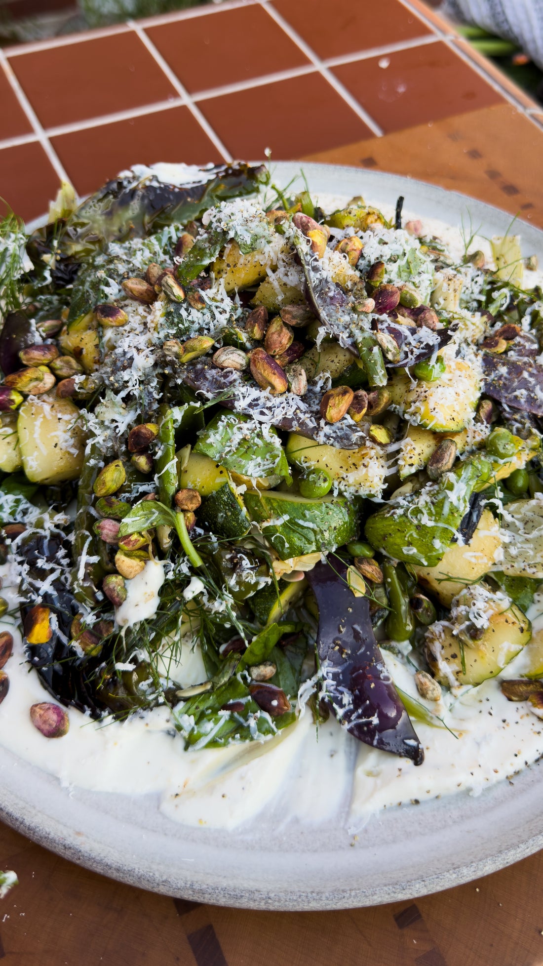 GRILLED SUMMER VEGETABLE SALAD WITH WHIPPED FETA, PISTACHIOS & HONEY