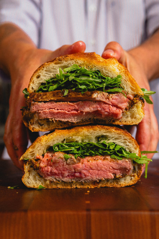 TOMAHAWK SANDWICH WITH ROASTED PEPPER CHEESE DIP