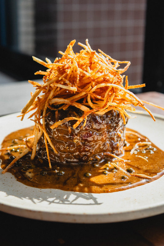 STEAK AU POIVRE WITH SHOESTRING FRIES