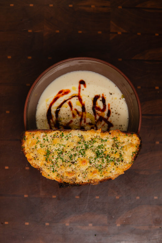 POTATO SOUP WITH NDUJA HONEY & GRUYÈRE TOAST