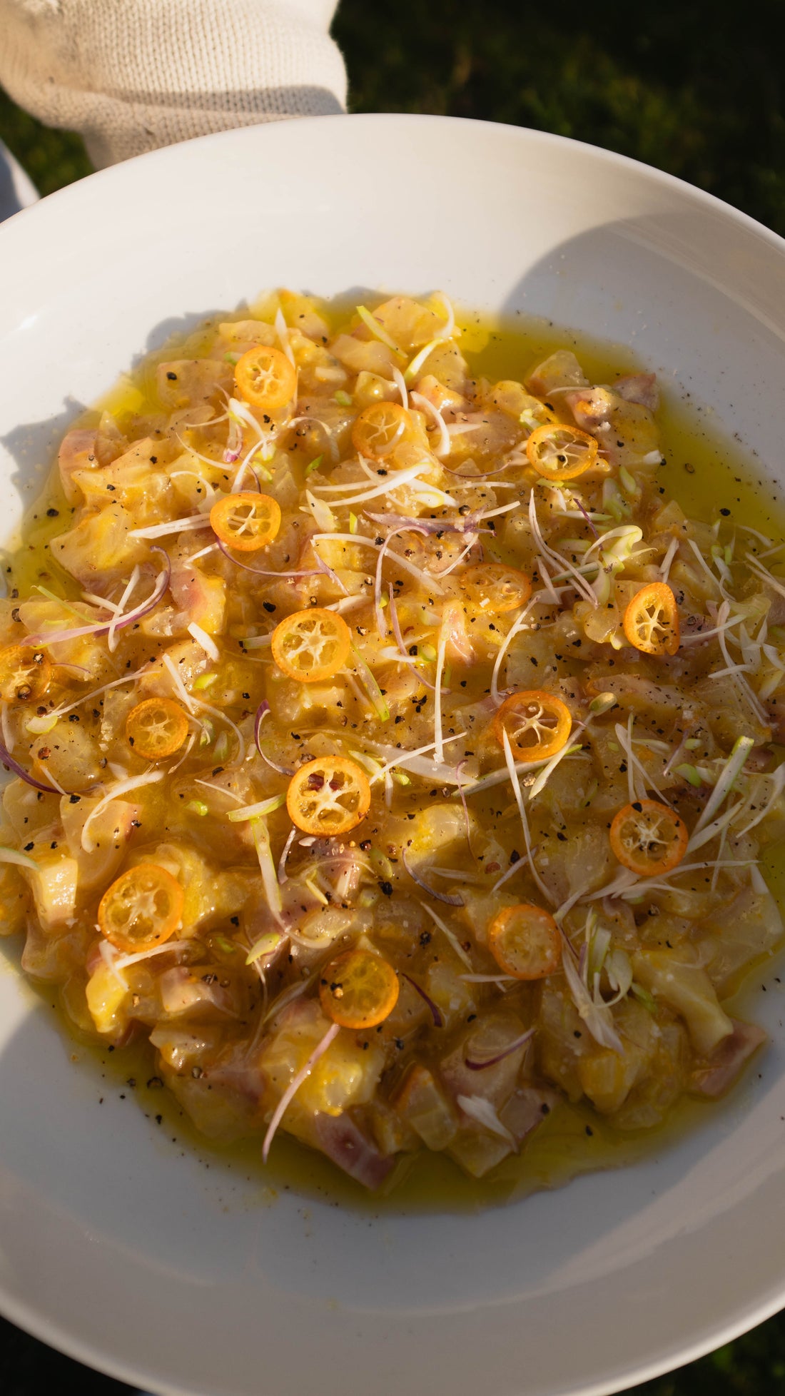 SEA BASS TARTARE WITH ORANGE, GIN & FRESH TURMERIC